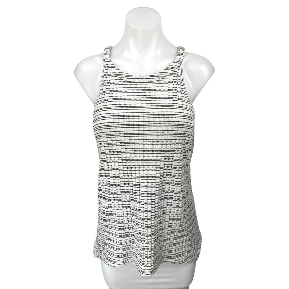 Vince Camuto White Black Striped Ribbed Knit High Neck Sleeveless Tank Top Sz L